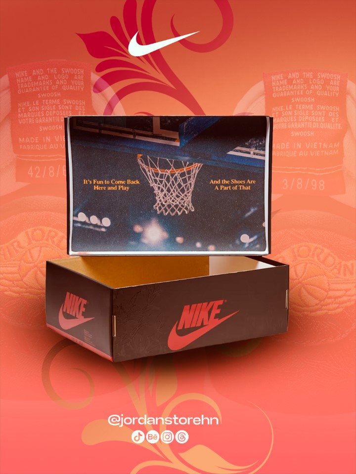 Caja y diseño de Jordan en una composición promocional roja