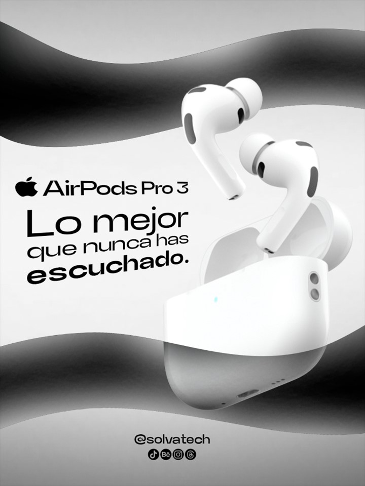 Anuncio en blanco y negro de AirPods Pro 3 para SolvaTech