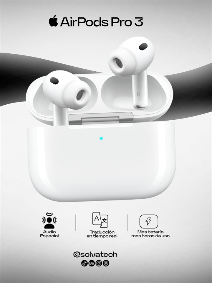 Estuche y audífonos AirPods Pro 3 en una campaña de SolvaTech